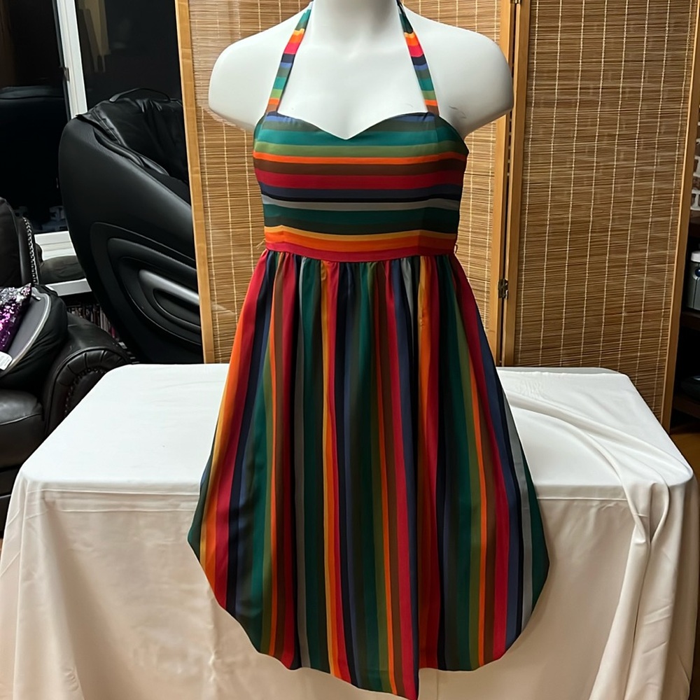 EUC ModCloth Vibrant Bright Rainbow Halter Tie Dress
